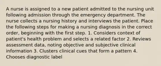 A nurse is assigned to a new patient admitted to the nursing unit following admission through the emergency department. The nurse collects a nursing history and interviews the patient. Place the following steps for making a nursing diagnosis in the correct order, beginning with the first step. 1. Considers context of patient's health problem and selects a related factor 2. Reviews assessment data, noting objective and subjective clinical information 3. Clusters clinical cues that form a pattern 4. Chooses diagnostic label