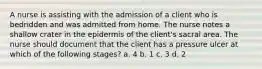 A nurse is assisting with the admission of a client who is bedridden and was admitted from home. The nurse notes a shallow crater in the epidermis of the client's sacral area. The nurse should document that the client has a pressure ulcer at which of the following stages? a. 4 b. 1 c. 3 d. 2