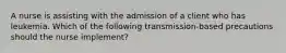 A nurse is assisting with the admission of a client who has leukemia. Which of the following transmission-based precautions should the nurse implement?