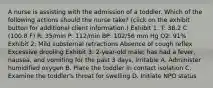 A nurse is assisting with the admission of a toddler. Which of the following actions should the nurse take? (click on the exhibit button for additional client information.) Exhibit 1: T: 38.2 C (100.8 F) R: 35/min P: 112/min BP: 102/56 mm Hg O2: 91% Exhibit 2: Mild substernal retractions Absence of cough reflex Excessive drooling Exhibit 3: 2-year-old male; has had a fever, nausea, and vomiting for the past 3 days, Irritable A. Administer humidified oxygen B. Place the toddler in contact isolation C. Examine the toddler's throat for swelling D. Initiate NPO status