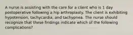 A nurse is assisting with the care for a client who is 1 day postoperative following a hip arthroplasty. The client is exhibiting hypotension, tachycardia, and tachypnea. The nurse should recognize that these findings indicate which of the following complications?