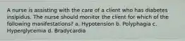 A nurse is assisting with the care of a client who has diabetes insipidus. The nurse should monitor the client for which of the following manifestations? a. Hypotension b. Polyphagia c. Hyperglycemia d. Bradycardia