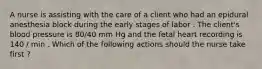 A nurse is assisting with the care of a client who had an epidural anesthesia block during the early stages of labor . The client's blood pressure is 80/40 mm Hg and the fetal heart recording is 140 / min . Which of the following actions should the nurse take first ?