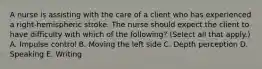 A nurse is assisting with the care of a client who has experienced a right-hemispheric stroke. The nurse should expect the client to have difficulty with which of the following? (Select all that apply.) A. Impulse control B. Moving the left side C. Depth perception D. Speaking E. Writing