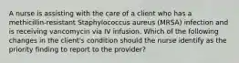 A nurse is assisting with the care of a client who has a methicillin-resistant Staphylococcus aureus (MRSA) infection and is receiving vancomycin via IV infusion. Which of the following changes in the client's condition should the nurse identify as the priority finding to report to the provider?