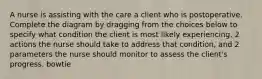 A nurse is assisting with the care a client who is postoperative. Complete the diagram by dragging from the choices below to specify what condition the client is most likely experiencing, 2 actions the nurse should take to address that condition, and 2 parameters the nurse should monitor to assess the client's progress. bowtie