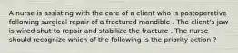 A nurse is assisting with the care of a client who is postoperative following surgical repair of a fractured mandible . The client's jaw is wired shut to repair and stabilize the fracture . The nurse should recognize which of the following is the priority action ?