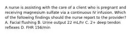 A nurse is assisting with the care of a client who is pregnant and receiving magnesium sulfate via a continuous IV infusion. Which of the following findings should the nurse report to the provider? A. Facial flushing B. Urine output 22 mL/hr C. 2+ deep tendon reflexes D. FHR 156/min