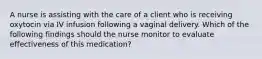 A nurse is assisting with the care of a client who is receiving oxytocin via IV infusion following a vaginal delivery. Which of the following findings should the nurse monitor to evaluate effectiveness of this medication?