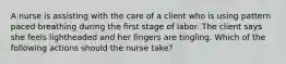 A nurse is assisting with the care of a client who is using pattern paced breathing during the first stage of labor. The client says she feels lightheaded and her fingers are tingling. Which of the following actions should the nurse take?