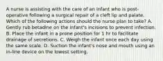 A nurse is assisting with the care of an infant who is post-operative following a surgical repair of a cleft lip and palate. Which of the following actions should the nurse plan to take? A. Gently rub betadine on the infant's incisions to prevent infection. B. Place the infant in a prone position for 1 hr to facilitate drainage of secretions. C. Weigh the infant once each day using the same scale. D. Suction the infant's nose and mouth using an in-line device on the lowest setting.