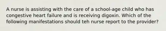 A nurse is assisting with the care of a school-age child who has congestive heart failure and is receiving digoxin. Which of the following manifestations should teh nurse report to the provider?