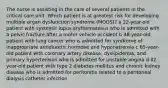 The nurse is assisting in the care of several patients in the critical care unit. Which patient is at greatest risk for developing multiple organ dysfunction syndrome (MODS)? a 22-year-old patient with systemic lupus erythematosus who is admitted with a pelvic fracture after a motor vehicle accident b 48-year-old patient with lung cancer who is admitted for syndrome of inappropriate antidiuretic hormone and hyponatremia c 65-year-old patient with coronary artery disease, dyslipidemia, and primary hypertension who is admitted for unstable angina d 82-year-old patient with type 2 diabetes mellitus and chronic kidney disease who is admitted for peritonitis related to a peritoneal dialysis catheter infection