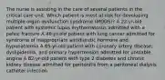 The nurse is assisting in the care of several patients in the critical care unit. Which patient is most at risk for developing multiple organ dysfunction syndrome (MODS)? A 22-yr-old patient with systemic lupus erythematosus admitted with a pelvic fracture A 48-yr-old patient with lung cancer admitted for syndrome of inappropriate antidiuretic hormone and hyponatremia A 65-yr-old patient with coronary artery disease, dyslipidemia, and primary hypertension admitted for unstable angina A 82-yr-old patient with type 2 diabetes and chronic kidney disease admitted for peritonitis from a peritoneal dialysis catheter infection