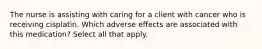 The nurse is assisting with caring for a client with cancer who is receiving cisplatin. Which adverse effects are associated with this medication? Select all that apply.