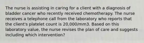 The nurse is assisting in caring for a client with a diagnosis of bladder cancer who recently received chemotherapy. The nurse receives a telephone call from the laboratory who reports that the client's platelet count is 20,000/mm3. Based on this laboratory value, the nurse revises the plan of care and suggests including which intervention?