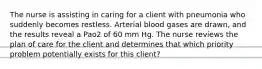 The nurse is assisting in caring for a client with pneumonia who suddenly becomes restless. Arterial blood gases are drawn, and the results reveal a Pao2 of 60 mm Hg. The nurse reviews the plan of care for the client and determines that which priority problem potentially exists for this client?