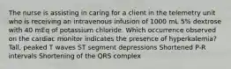 The nurse is assisting in caring for a client in the telemetry unit who is receiving an intravenous infusion of 1000 mL 5% dextrose with 40 mEq of potassium chloride. Which occurrence observed on the cardiac monitor indicates the presence of hyperkalemia? Tall, peaked T waves ST segment depressions Shortened P-R intervals Shortening of the QRS complex