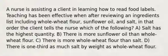 A nurse is assisting a client in learning how to read food labels. Teaching has been effective when after reviewing an ingredients list including whole-wheat flour, sunflower oil, and salt, in that order the client tells the nurse which of the following? A) Salt has the highest quantity. B) There is more sunflower oil than whole-wheat flour. C) There is more whole-wheat flour than salt. D) There is one-third as much salt by weight as whole-wheat flour.