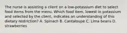 The nurse is assisting a client on a low-potassium diet to select food items from the menu. Which food item, lowest in potassium and selected by the client, indicates an understanding of this dietary restriction? A. Spinach B. Cantaloupe C. Lima beans D. strawberries