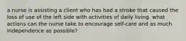a nurse is assisting a client who has had a stroke that caused the loss of use of the left side with activities of daily living. what actions can the nurse take to encourage self-care and as much independence as possible?