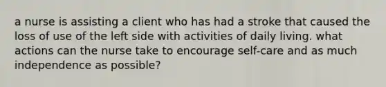 a nurse is assisting a client who has had a stroke that caused the loss of use of the left side with activities of daily living. what actions can the nurse take to encourage self-care and as much independence as possible?