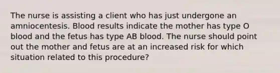 The nurse is assisting a client who has just undergone an amniocentesis. Blood results indicate the mother has type O blood and the fetus has type AB blood. The nurse should point out the mother and fetus are at an increased risk for which situation related to this procedure?