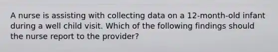 A nurse is assisting with collecting data on a 12-month-old infant during a well child visit. Which of the following findings should the nurse report to the provider?