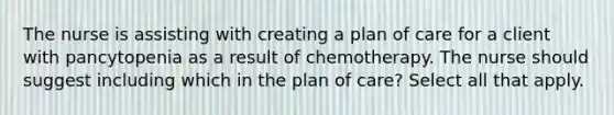 The nurse is assisting with creating a plan of care for a client with pancytopenia as a result of chemotherapy. The nurse should suggest including which in the plan of care? Select all that apply.