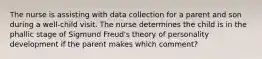 The nurse is assisting with data collection for a parent and son during a well-child visit. The nurse determines the child is in the phallic stage of Sigmund Freud's theory of personality development if the parent makes which comment?