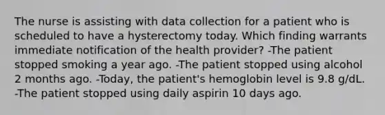 The nurse is assisting with data collection for a patient who is scheduled to have a hysterectomy today. Which finding warrants immediate notification of the health provider? -The patient stopped smoking a year ago. -The patient stopped using alcohol 2 months ago. -Today, the patient's hemoglobin level is 9.8 g/dL. -The patient stopped using daily aspirin 10 days ago.