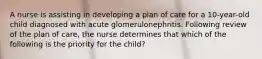 A nurse is assisting in developing a plan of care for a 10-year-old child diagnosed with acute glomerulonephritis. Following review of the plan of care, the nurse determines that which of the following is the priority for the child?