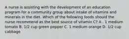 A nurse is assisting with the development of an education program for a community group about intake of vitamins and minerals in the diet. Which of the following foods should the nurse recommend as the best source of vitamin C? A . 1 medium tomato B. 1/2 cup green pepper C. 1 medium orange D. 1/2 cup cabbage