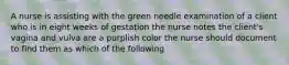 A nurse is assisting with the green needle examination of a client who is in eight weeks of gestation the nurse notes the client's vagina and vulva are a purplish color the nurse should document to find them as which of the following