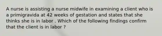 A nurse is assisting a nurse midwife in examining a client who is a primigravida at 42 weeks of gestation and states that she thinks she is in labor . Which of the following findings confirm that the client is in labor ?