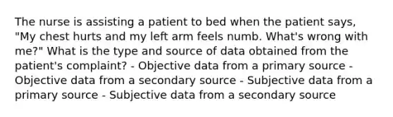 The nurse is assisting a patient to bed when the patient says, "My chest hurts and my left arm feels numb. What's wrong with me?" What is the type and source of data obtained from the patient's complaint? - Objective data from a primary source - Objective data from a secondary source - Subjective data from a primary source - Subjective data from a secondary source