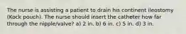 The nurse is assisting a patient to drain his continent ileostomy (Kock pouch). The nurse should insert the catheter how far through the nipple/valve? a) 2 in. b) 6 in. c) 5 in. d) 3 in.