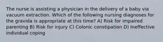 The nurse is assisting a physician in the delivery of a baby via vacuum extraction. Which of the following nursing diagnoses for the gravida is appropriate at this time? A) Risk for impaired parenting B) Risk for injury C) Colonic constipation D) Ineffective individual coping