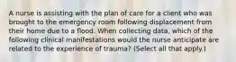 A nurse is assisting with the plan of care for a client who was brought to the emergency room following displacement from their home due to a flood. When collecting data, which of the following clinical manifestations would the nurse anticipate are related to the experience of trauma? (Select all that apply.)