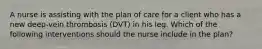 A nurse is assisting with the plan of care for a client who has a new deep-vein thrombosis (DVT) in his leg. Which of the following interventions should the nurse include in the plan?