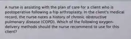 A nurse is assisting with the plan of care for a client who is postoperative following a hip arthroplasty. In the client's medical record, the nurse notes a history of chronic obstructive pulmonary disease (COPD). Which of the following oxygen-delivery methods should the nurse recommend to use for this client?