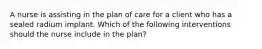 A nurse is assisting in the plan of care for a client who has a sealed radium implant. Which of the following interventions should the nurse include in the plan?