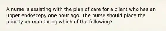 A nurse is assisting with the plan of care for a client who has an upper endoscopy one hour ago. The nurse should place the priority on monitoring which of the following?