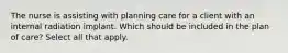 The nurse is assisting with planning care for a client with an internal radiation implant. Which should be included in the plan of care? Select all that apply.