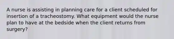 A nurse is assisting in planning care for a client scheduled for insertion of a tracheostomy. What equipment would the nurse plan to have at the bedside when the client returns from surgery?