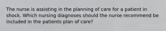 The nurse is assisting in the planning of care for a patient in shock. Which nursing diagnoses should the nurse recommend be included in the patients plan of care?