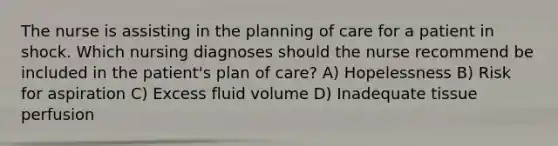 The nurse is assisting in the planning of care for a patient in shock. Which nursing diagnoses should the nurse recommend be included in the patient's plan of care? A) Hopelessness B) Risk for aspiration C) Excess fluid volume D) Inadequate tissue perfusion