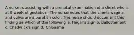 A nurse is assisting with a prenatal examination of a client who is at 8 week of gestation. The nurse notes that the clients vagina and vulva are a purplish color. The nurse should document this finding as which of the following a. Hegar's sign b. Ballottement c. Chadwick's sign d. Chloasma