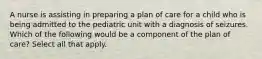 A nurse is assisting in preparing a plan of care for a child who is being admitted to the pediatric unit with a diagnosis of seizures. Which of the following would be a component of the plan of care? Select all that apply.