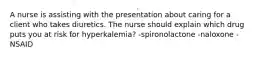 A nurse is assisting with the presentation about caring for a client who takes diuretics. The nurse should explain which drug puts you at risk for hyperkalemia? -spironolactone -naloxone -NSAID